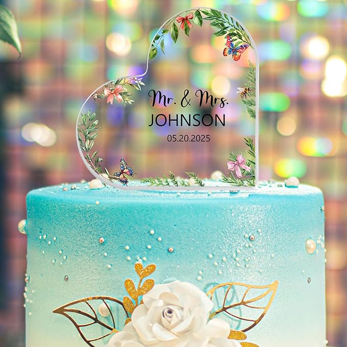 Custom Wedding Heart Acrylic Plaque,Mr & Mrs Cake Topper,Personalized Wedding Keepsake/Gift/Sign (Style 18)