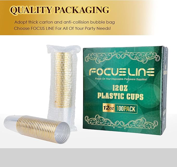 FOCUSLINE 100 Pack 12 oz Gold Rimmed Plastic Cups, 12 Ounce Clear Plastic Tumblers, Heavy-duty & Fancy Disposable Hard Cups with Gold Rim for Wedding