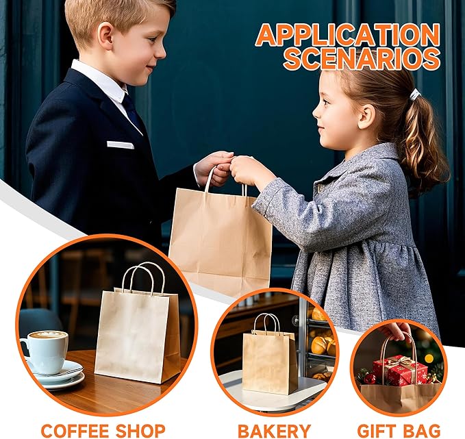 METAPRINT Brown Paper Gift Bags with Handles in Bulk, 100pcs Kraft Paper Bags 8x4.5x10.8 inch, Recyclable Shopping Bags for Retail, Grocery, Party Favors, Wedding