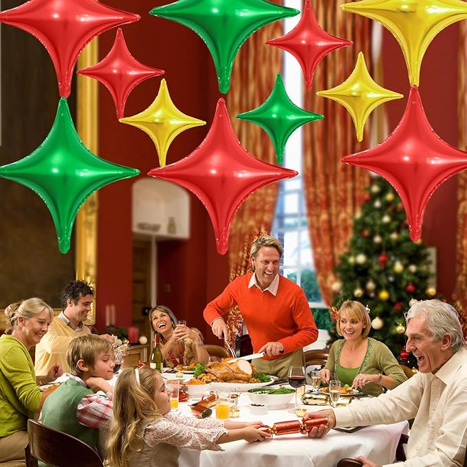 Red Green Gold Christmas Balloons,12Pcs Four Angle Star Foil Balloons,26Inch and 10Inch Red Green Gold Quadrangle Helium Polyester Balloon for Christmas Xmas New Year Birthday Party Decorations