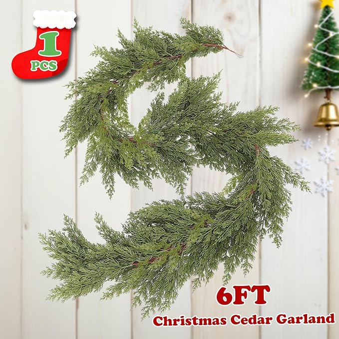 6FT Real Touch Cedar Garland, Christmas Artificial Cedar Garland, Artificial Cypress Leaf Vine Wreath for Mantle/Table/Stairs/Outdoor Indoor Christmas Decorations.(1PCS)