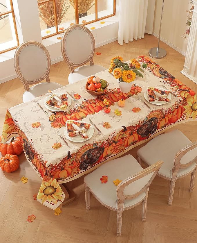 Honellaty Thanksgiving Rectangle Table Cloth 60x120 Inch, Fall Turkey & Pumpkin Tablecloth for Dinner, Thanksgiving, Harvest, Holiday Decor