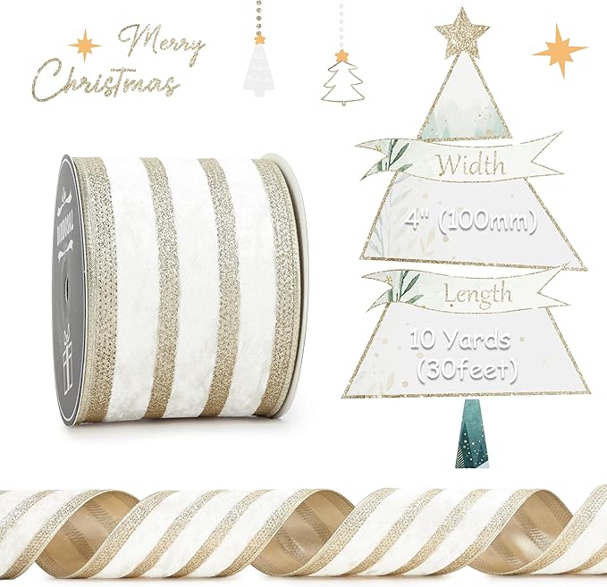 Ivory Velvet Wired Ribbon with Champagne Glitter Stripe 4 Inch Crushed Velvet Christmas Ribbon, 10 Yards for Gift Wrapping, Crafts, Christmas Tree Decorations, Wreath Supplies, Garlands