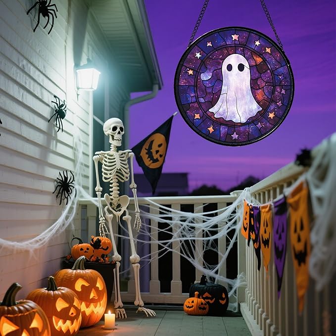Stained Glass Window Hanging - Halloween White Star Ghost Purple Starry Sky Suncatcher for Doors Garden Indoor Spooky Sun Catchers Gothic Decor Horror Gifts for Women Men Friend 11.8 in