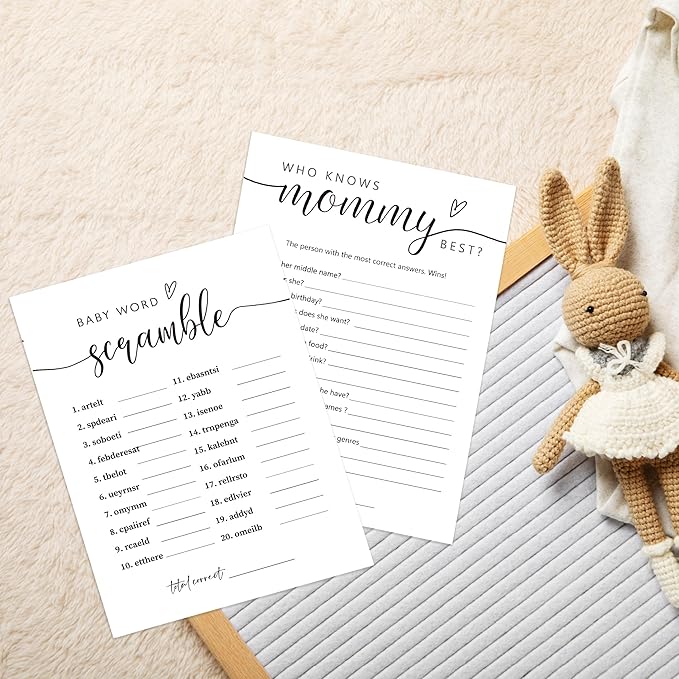 UHADRE Baby Shower Games - Word Scramble & Mommy Best Cards - Set of 30, Minimalist Double Sided Cards, Gender Reveal Game, Shower Activity Ideas-BBYX10