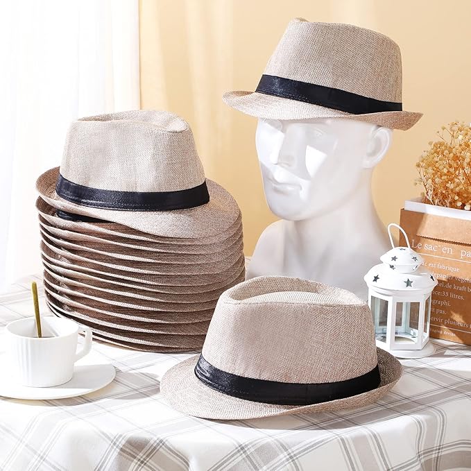 Suhine 36 Pcs Halloween Men Fedora Style Hat Bulk 20s Straw Short Brim Panama Women Party Costume, Circumference 60 cm