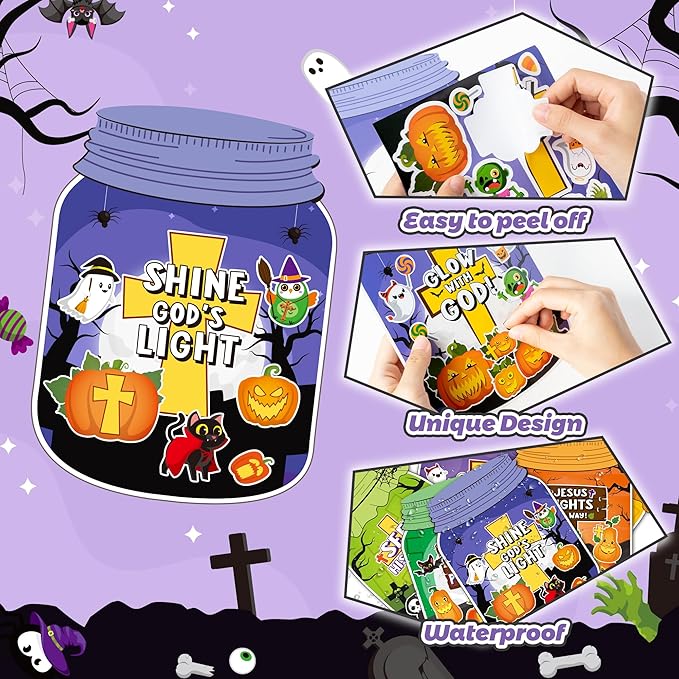 CY2SIDE 12 Set Jesus Cross Stickers, Make A Ghost Jar Sticker Scene with Pumpkin Witch, DIY Halloween Party Games