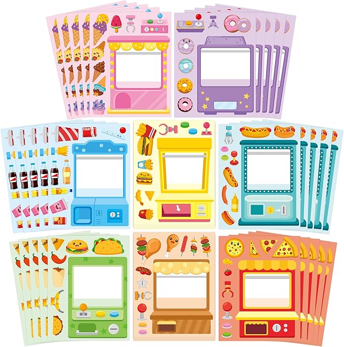 CY2SIDE 40Pcs Snack Vending Machine Face Sticker for Kids, Make A Snack Claw Machine DIY Sticker Sheets, Make Your Own Fast Food Decal Craft Games for School Reward, Food Shop Theme Craft Party Favor
