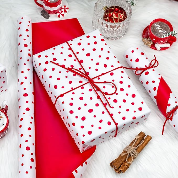 Burymento Red Lrregular Wave Point Wrapping Paper, Reversible Gold Gift Wrap for Birthday, Valentines, Mothers day, Graduation, Wedding, Fathers day, Baby Shower, Christmas (17in x 16.4ft)