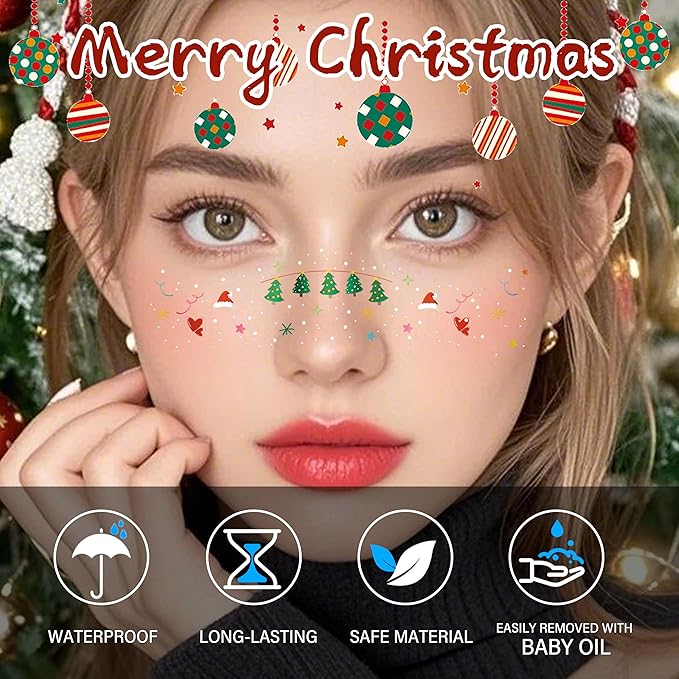 8 Pcs Christmas Face Temporary Tattoos, Ren Green and White Glitter Freckles Face Tattoo for Kids and Women, Waterproof Christmas Accessories Face Makeup for Party Supplies