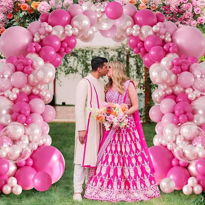 Hot Pink Balloon Arch Kit 101Pcs Double Stuffed Pearl Pink Light Pink Clear Balloon Different Size for Princess Wedding Birthday Baby Shower Bachelorette Party Decorations