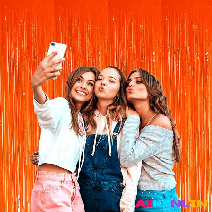 4 Pack Orange Foil Fringe Curtain Backdrop, 3.2Ft x 9.8Ft Metallic Tinsel Foil Fringe Streamers Curtains for Party, Photo Booth Prop, Birthday, Wedding, Mardi Gras Party Decoration