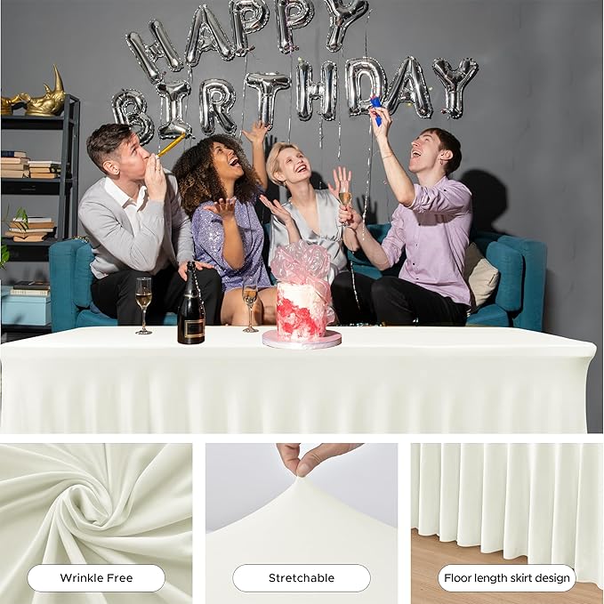 HolidayIdeas Spandex Table Skirts for Rectangle Tables 8 Ft, Fitted Stretch Table Cover 30x96 Inch, Wrinkle-Free Ruffle Design Tablecloths for Banquets,Trade Shows, Parties, Events, 4 Pack, Beige