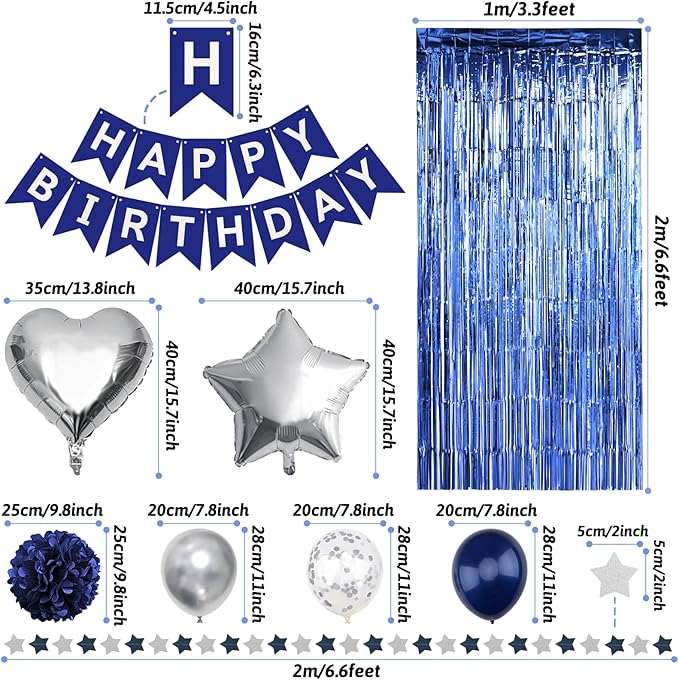 ZERODECO Birthday Party Decorations for Men, Black Navy Blue Silver Happy Birthday Banner Pompoms Balloon Arch Fringe Curtain Party Décor for Men Boys Women Girls Party Decorations Kit