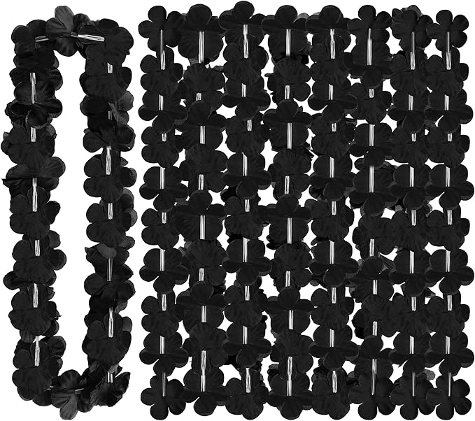 24pcs Halloween Leis Decor, Halloween Black Leis Bulk Accessories Silk Flower Necklace, Black Hawaiian Bulk Hula Dance Party Decor, Flower Leis Trick or Treating Activities Favors Supplies