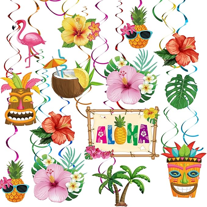 Outus 30 Pieces Hawaiian Luau Birthday Party Hanging Swirl Decorations, Flower Tropical Palm Flamingo Sign Foil Ceiling Decor for Floral Tropical Party Summer Beach Pool Tiki Supplies(Summer)
