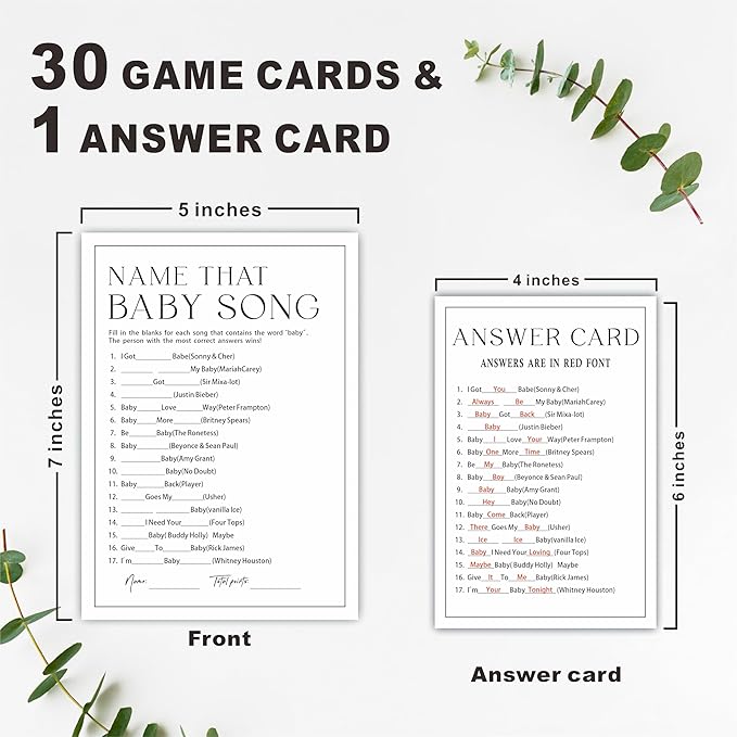 Minimalism Name That Baby Song Game for Guests - 30 Game Cards, 1 Answer Card, Wishes For Baby & Gender Reveal Card