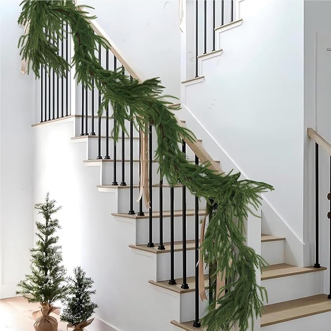 Premium 30% Fuller 2Pack 6 Ft Artificial Norfolk Pine Garland, Real Touch Winter Pine Garland, for Staircase, Table, Mantle, Wall, Indoor, Outdoor Christmas Decorations, Flower Arranging