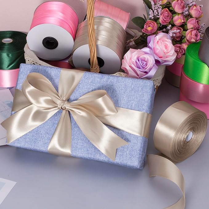 1 1/2 Inch Linen Beige Solid Satin Ribbon, 50 Yards Craft Fabric Ribbon for Gift Wrapping Floral Bouquets Wedding Party Decoration