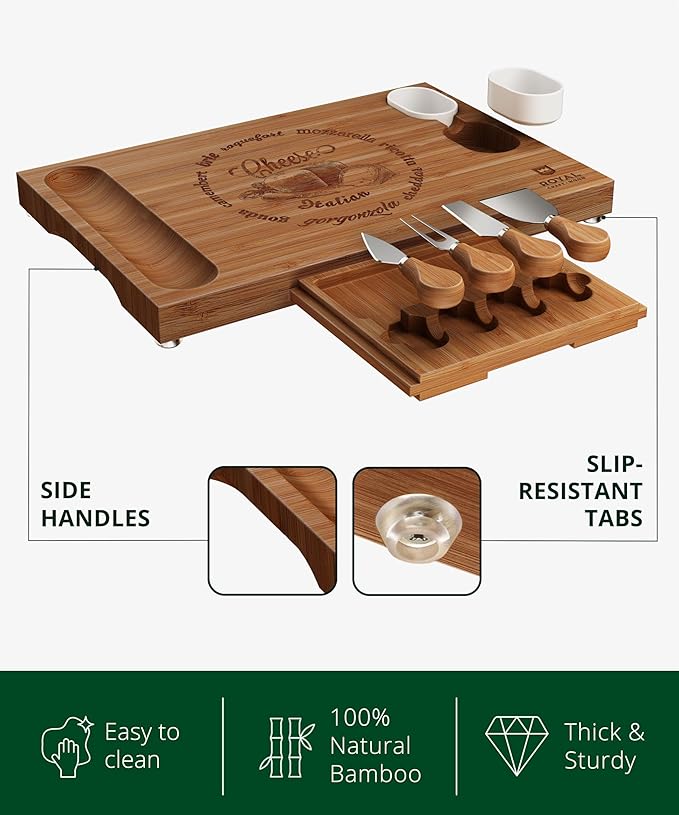 ROYAL CRAFT WOOD Bamboo Charcuterie Boards - Cheese Board Set with 2 Sauce Bowls, 4 Knives - Unique Charcuterie Board & Serving Tray - House Warming Gifts New Home Gifts