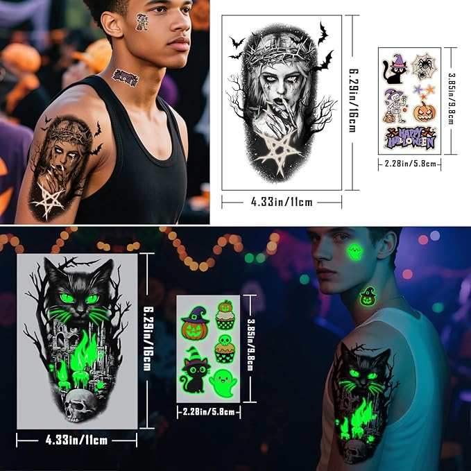Halloween Glow Temporary Tattoos for Kids Adults, Glow In the Dark Tattoos, Pumpkin, Skull, Bat, Ghost, Witch, Crow, Cat, Horror House Half Arm Halloween Fake Tattoos Decorations