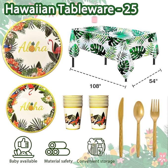 323 Luau Party Decorations, Hawaiian Party Decorations Kit For Adults - "ALOHA"&"HAPPY BIRTHDAY" Banner, Balloons, Cake Topper, Straws, Table Skirt, Dinnerware Set For 25 Guests