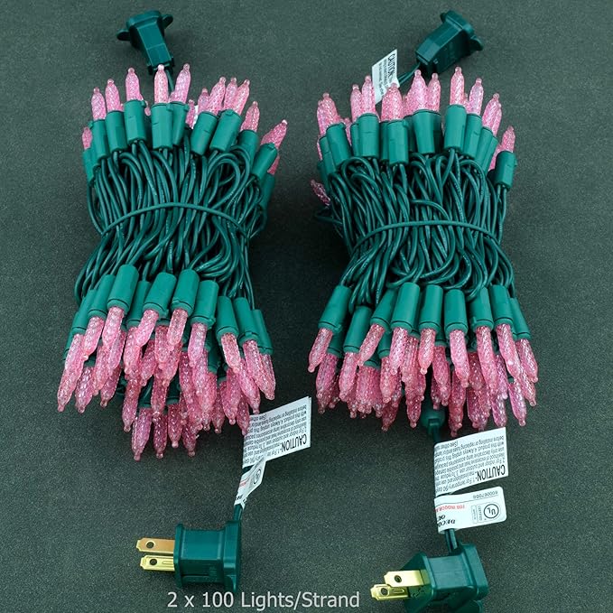 YULETIME Pink LED Faceted Christmas Lights 200 Count 50 ft, Pack of 2 Strands 25 ft 100 Lights UL Certified Commercial Grade Green Wire Mini Holiday String Light Set (Pink)