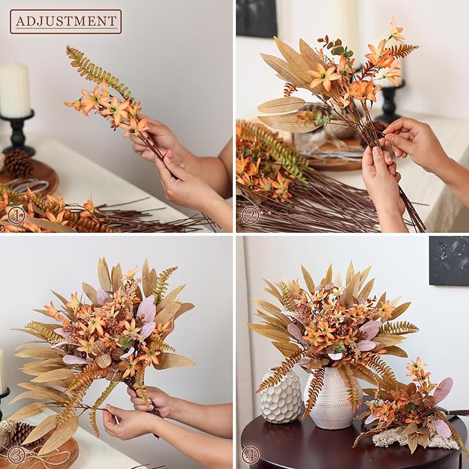 YXZZWL Artificial Greenery Stems Box Set for Fall Decorations，70 Pcs with 8 Kinds of Faux Eucalyptus Branches for Autumn Wedding DIY Bouquets Floral Arrangement Table Centerpieces (Brown & Orange)