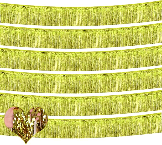 6 Pack 10 Feet Foil Fringe Garland Metallic Tinsel Banner Wall Hanging Curtain Streamers Backdrop for Parade Floats Bachelorette Wedding Birthday Party Thanksgiving Christmas Decorations(Light Gold)