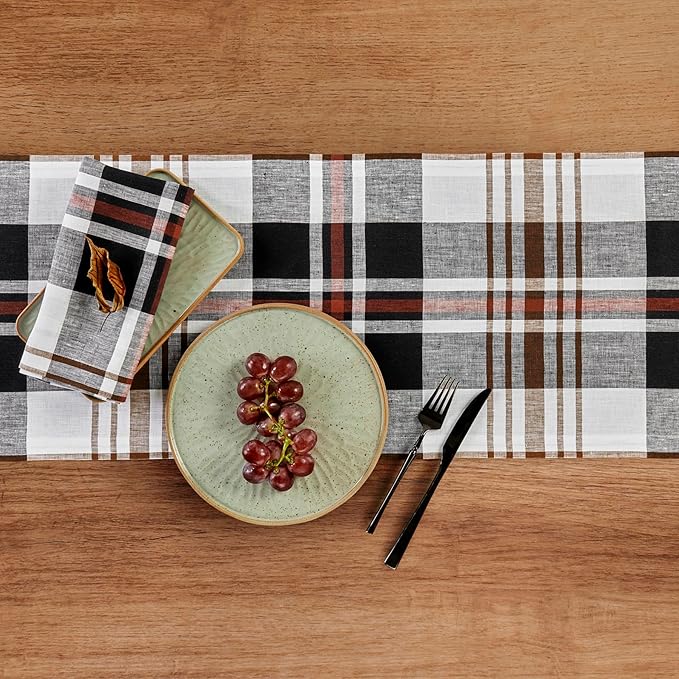 Solino Home Fall Table Runner 132 Inches Long - 100% Pure Linen Black Oxford Plaid Table Runner 14 x 132 Inch for Dining, Autumn, Thanksgiving, Holiday