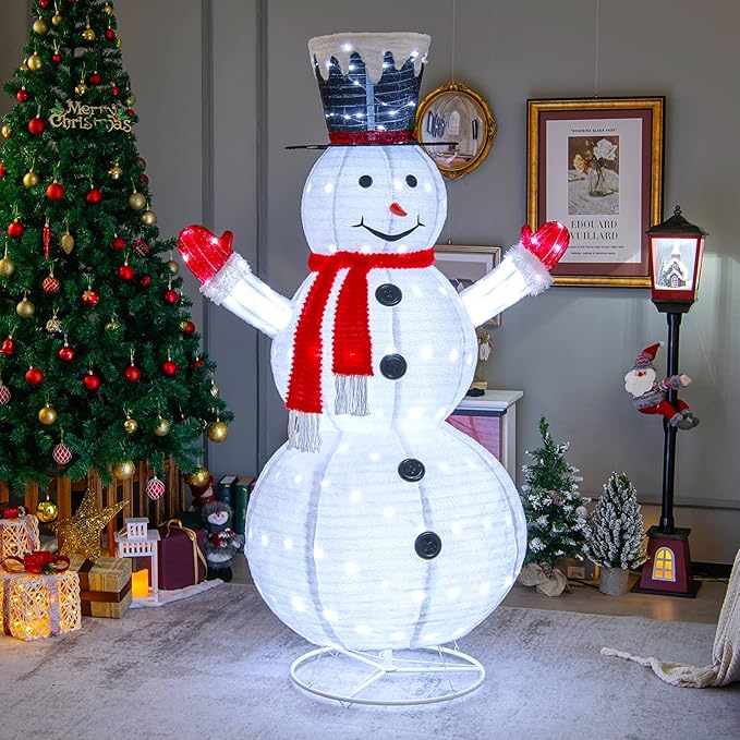 Tangkula 6 FT Lighted Christmas Snowman, Outdoor Pop-up Snowman Figure w/200 Lights, Red Scarf, Black Hat, Ground Stakes, Zip Ties, Collapsible Faux Light up Snowman for Party, Festival Decor