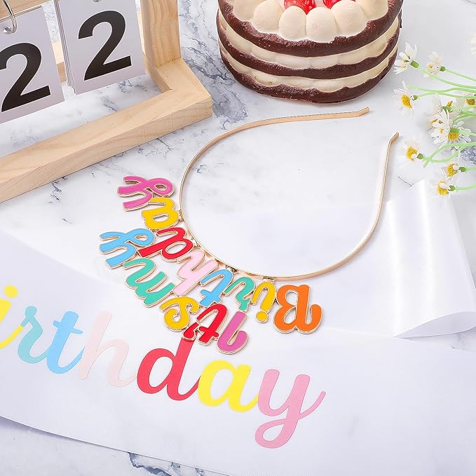 Its My Birthday Headband Set, Rainbow Sash and Crown, Happy Birthday Headpiece for Women Girls Party Decorations (Colorful)