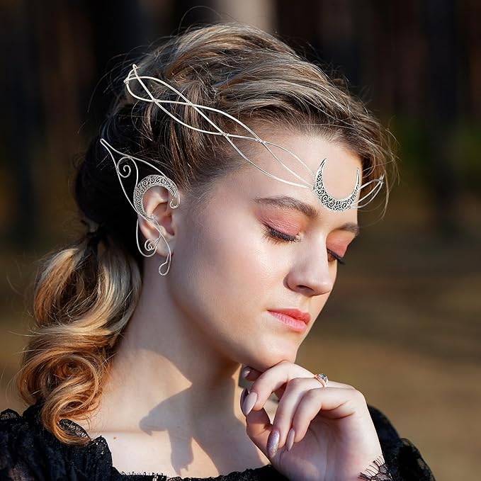 Renaissance Fairy Tale Costume Set - Elf Ear Cuff Earrings Decorative Medieval Fairy Winding Tiara Crown for Cosplay