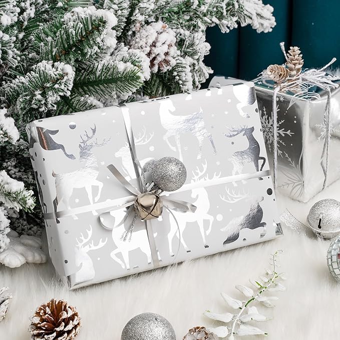 MAYPLUSS Christmas Wrapping Paper Roll - Mini Roll - 17 inch X 120 inch Per roll - Silver Bear, Snowflkes with Glitter Gold Foil Design(42.3 sq.ft.ttl)