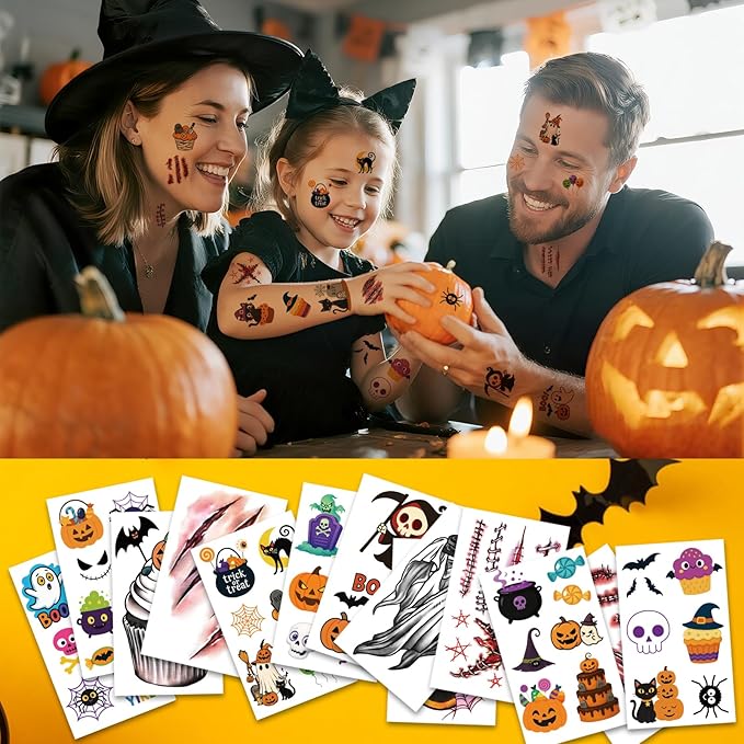 77 PCS Halloween Temporary Tattoos Adult Kids, 17 PCS Half Arm Pumpkin Bat Crow Witch Skull Fake Tattoos, 60 PCS Spider Cat Ghost Scar Tiny Realistic Face Body Tattoos Stickers for Halloween Costume