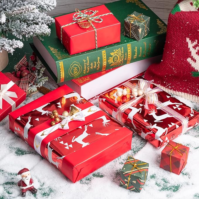 WRAPAHOLIC 30 Inch Jumbo Reversible Red Christmas Wrapping Paper - 30 Inch x 100 Feet Jumbo Roll Reindeer Wrapping Paper and Solid Red Design with Metallic Foil Shine for Christmas, Holiday, Party