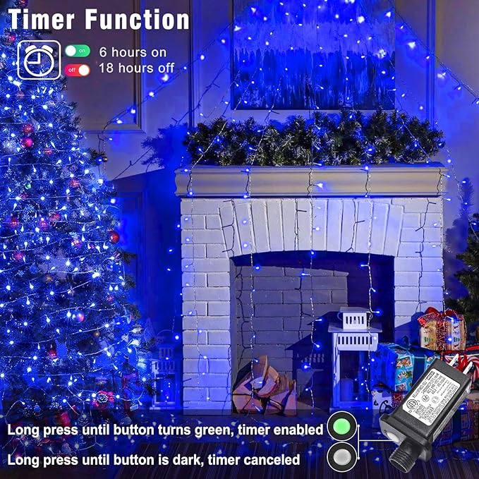 100FT 300 LED Christmas Lights Outdoor, Plug in Christmas String Lights Indoor, Waterproof & 8 Modes & Timer Function, Connectable Fairy Twinkle Light for Bedroom Wedding House Party Decor, Blue