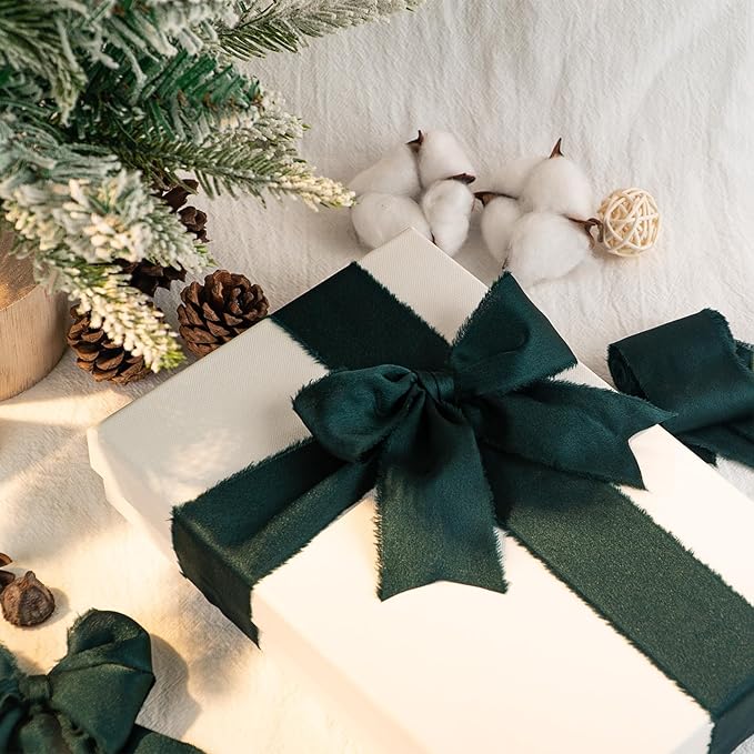 Satin Silk Ribbon, Green Christmas Ribbon for Wrapping, 1-1/2 inch x 15 Yd Handmade Frayed Fringe Ribbons, for Christmas Tree Holiday Birthday Valentine's Day New Years Crafts Bouquet, 3 Rolls