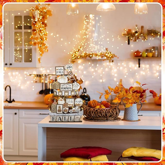 24 Pcs Thanksgiving Fall Tiered Tray Decoration Set Thanksgiving Table Sign Pumpkins Farmhouse Decor Gnome Maple Leaves Decorative Trays Harvest Wood Blocks Signs Block Tabletop for Autumn