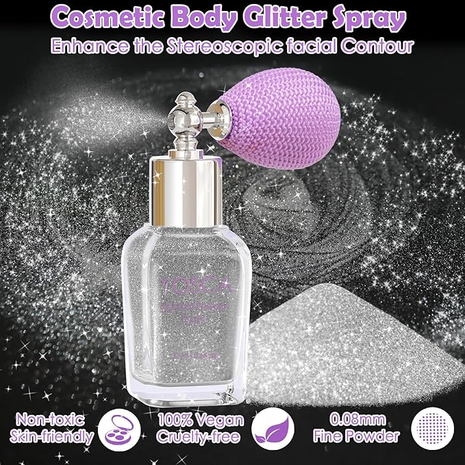 Yosca Body Glitter Spray, 30ML Loose Body Shimmer Powder Hair Spray Silver Glitter Sparkle Highlighter Makeup Festival Accessories for Rave Clothes Hair Face Nail Art