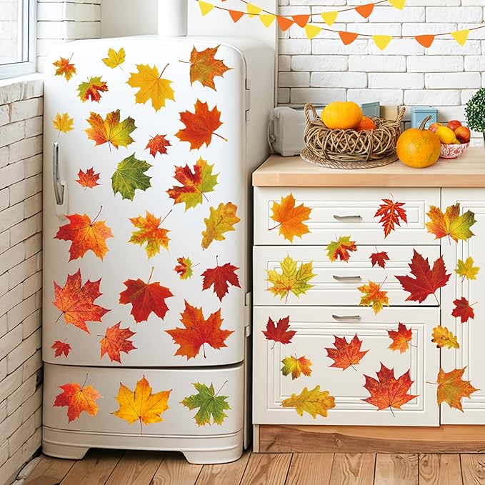 9 Sheets Fall Maple Leaves Window Clings Fall Leaves Double-Sided Window Decals Autumn Maple Leaf Windows Stickers for Autumn Thanksgiving Harvest Home Glass Living Room Bedroom Decoration