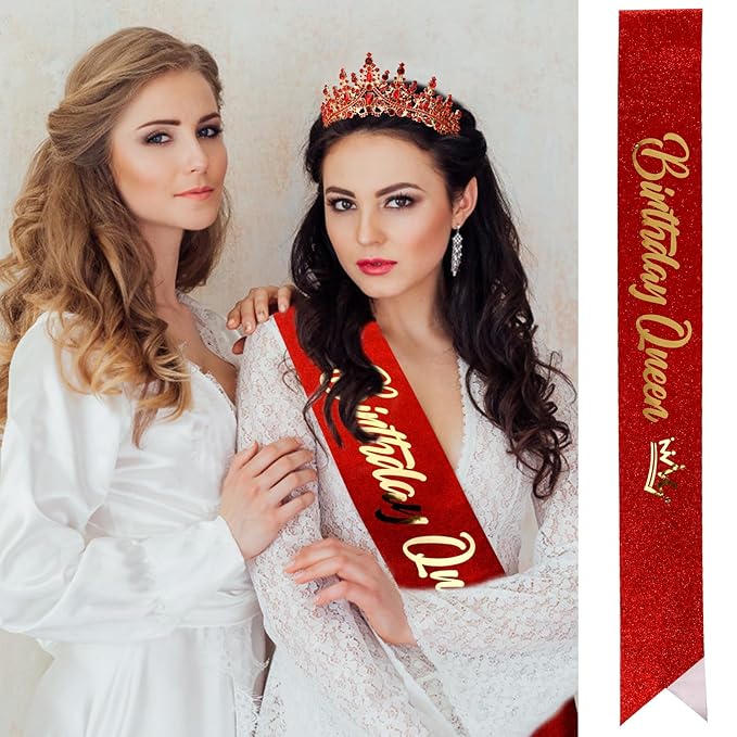 VELSCRUN Birthday Queen Tiara Crowns for Women Girls Red Crystal Birthday Queen Headband Sash Elegant Princess Crown Happy Birth Party Decorations Mom Sisters Birth Gift Hair Accessories