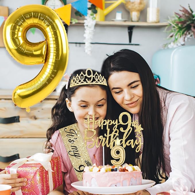 9th Birthday Decorations for Girl Gold with 9th Birthday Sash and Tiara, Candles and Cake Topper, Number Balloons, 9 Year Old Gifts for Girls