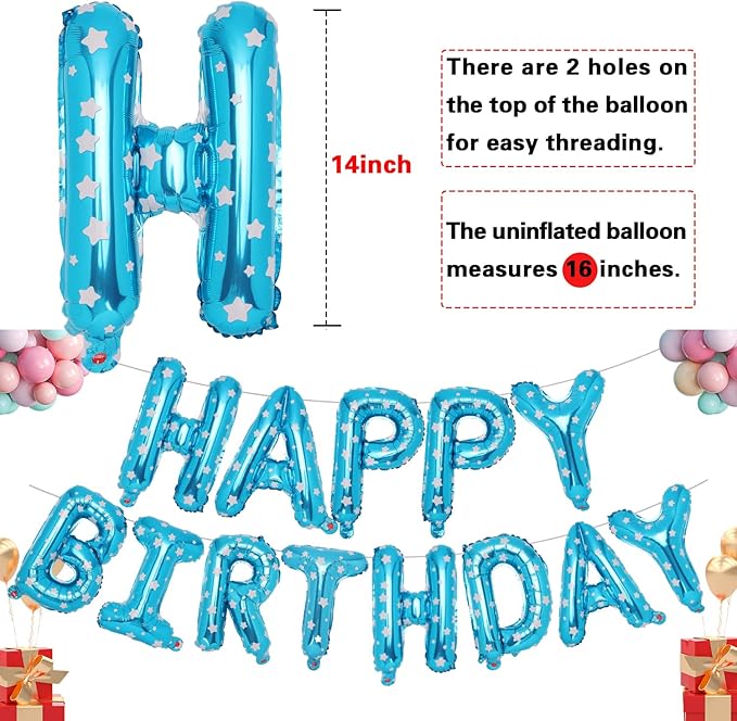 Accevo Blue Happy Birthday Banner,16 Inch Star Pattern Birthday Balloons Foil Letters Balloon Happy Birthday Sign for Kids, Child, Adults, Boys & Girls Birthday Party Decorations Birthday Banner