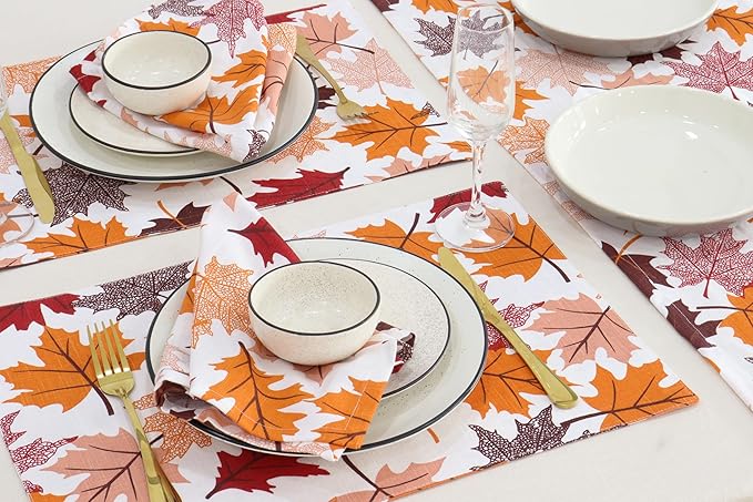 PurpleEssences Fall Harvest Decor Thanksgiving Napkins, 18x18 Fall Cloth Napkins Set of 6, 100% Cotton Autumn Fall Leaves Dinner Napkins for Farmhouse Kitchen, Maple Leaves