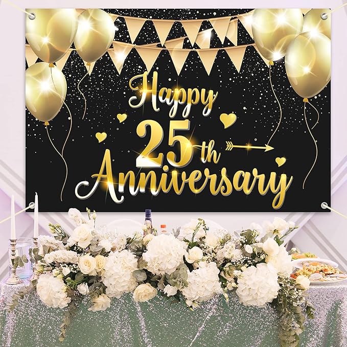 HAMIGAR 6x4ft Happy 25th Anniversary Banner Backdrop - 25 Wedding Anniversary Decorations Party Supplies - Black Gold