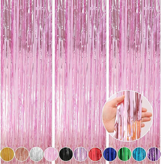 Crosize 3 Pack 3.3 x 9.9 ft Pink Foil Fringe Glitter Curtains Party Decorations, Tinsel Backdrop for Parties, Door Streamers for Birthday, Photo Booth Backdrops, Party Decor