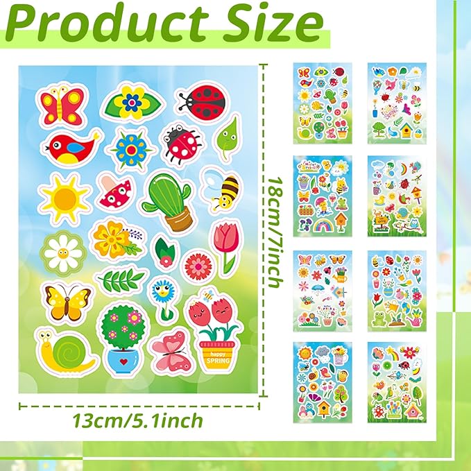 24 Sheets Spring Stickers for Kids, 444 Pcs Spring Garden Flower Stickers Bulk Preschool Sticker Sheets for Reward Craft Scrapbooking Water Bottles Gifts Bags Cards Envelopes Decor