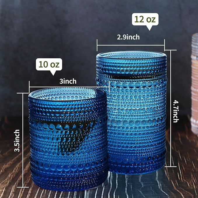 Vintage Hobnail Driinking Glasses Set, Glassware Drinking Set of 8, 12 oz Highball Glasses & 10 oz Cocktail Glasses, Tumbler Glasses for Cocktails, Whiskey, Juice, Milk