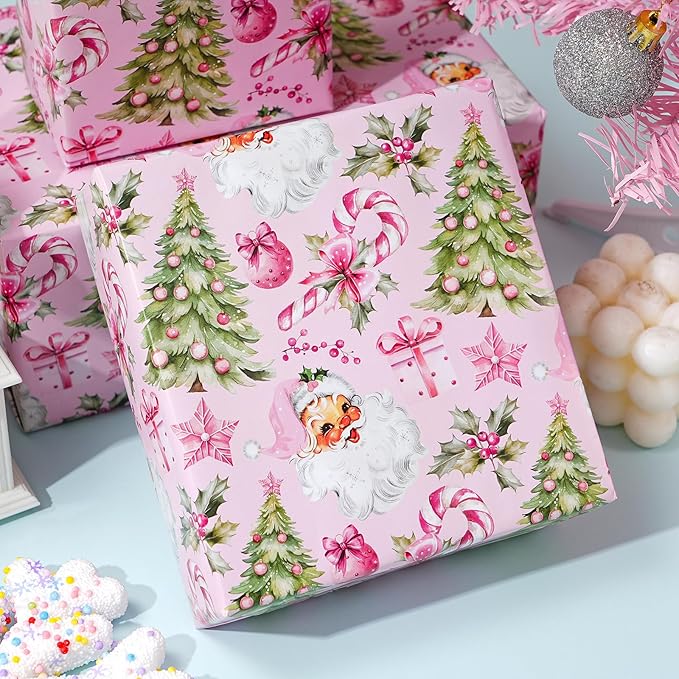 PlandRichW Pink Christmas Wrapping Paper - Vintage Watercolor Santa with Gingerbread, Candy Canes & Bows - 40×28 Inch Xmas Gift Wrap, 4 Folded Sheets for Kids & Adults